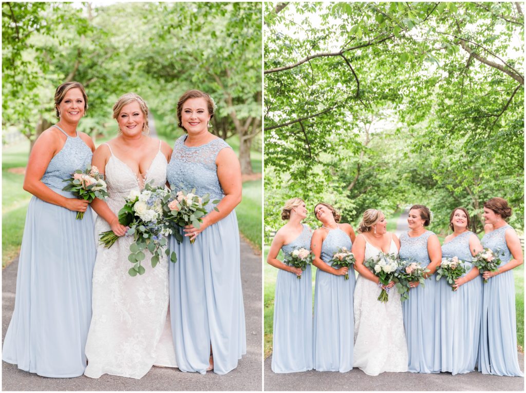 Bride with bridesmaids wearing light blue dresses