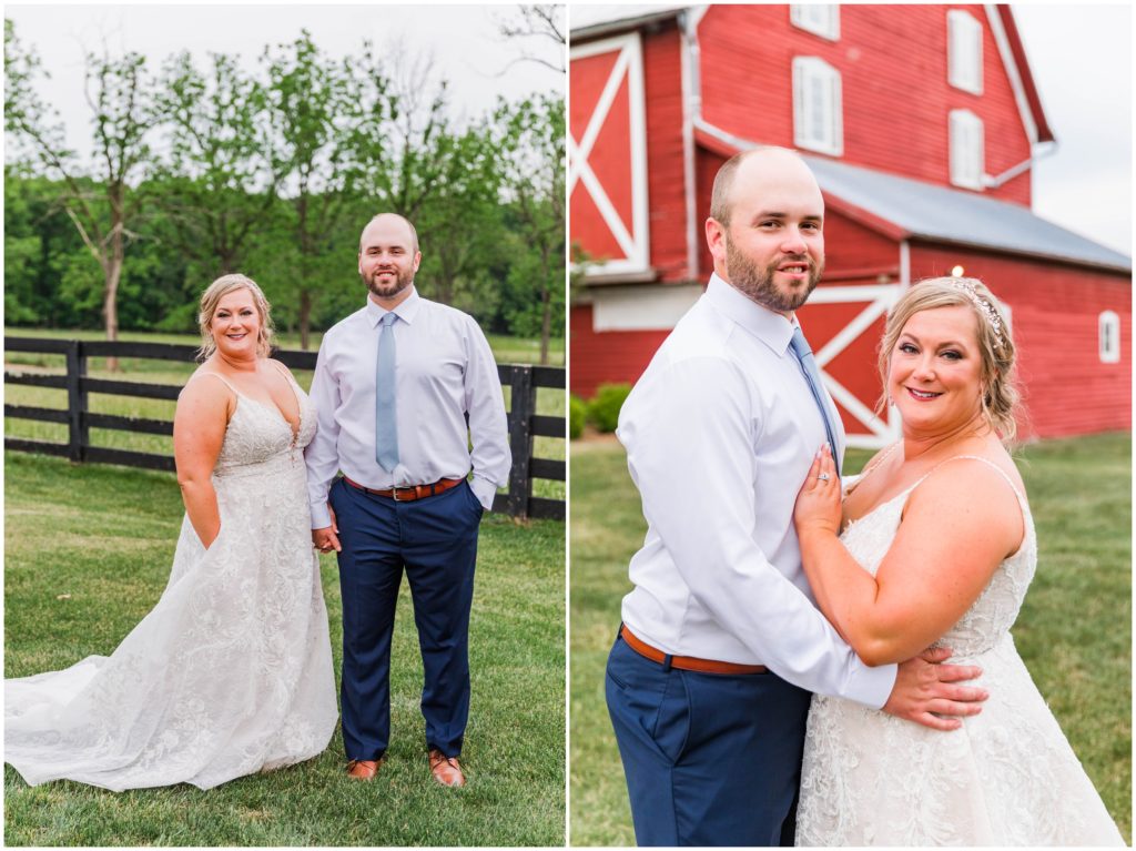 bride and groom portraits with red barn