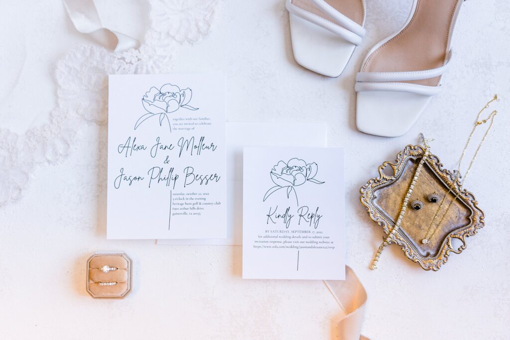 Wedding Flatlay of neutral bridal details with gold tray.