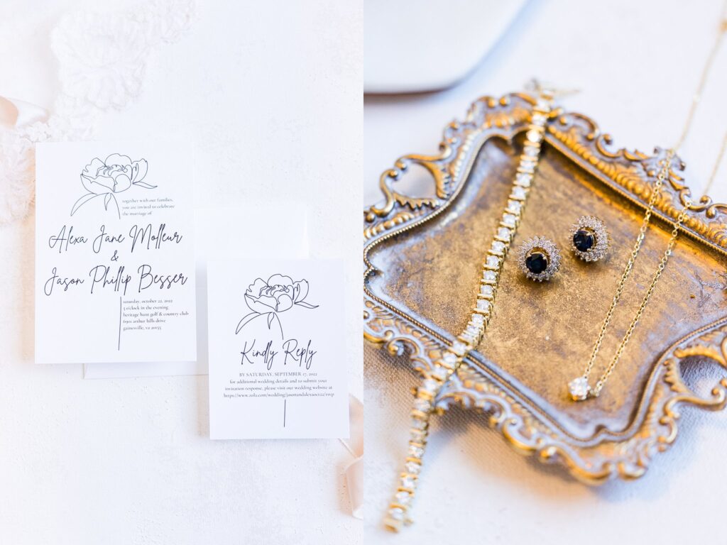 Black and white invitation. Gold tray with jewelry 