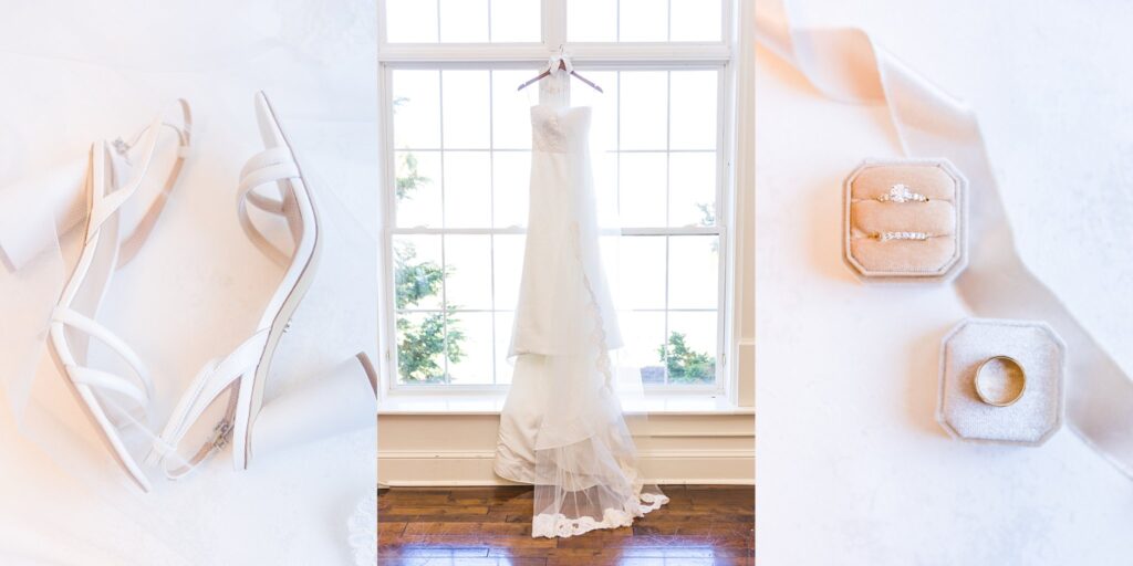 White wedding shoes, Wedding dress hanging in front of a window, wedding rings in velvet box 