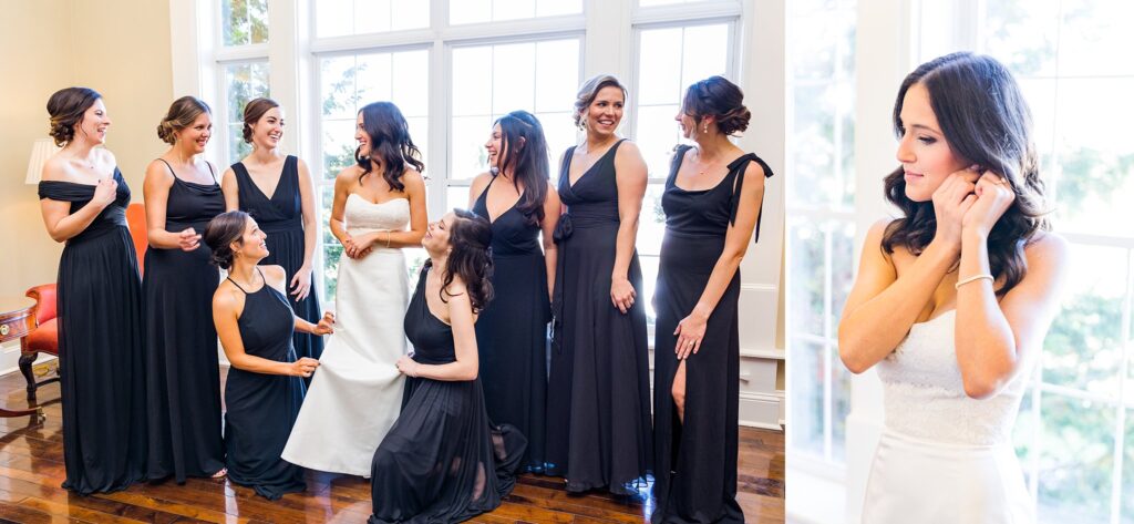 Bridesmaids wearing black dresses.