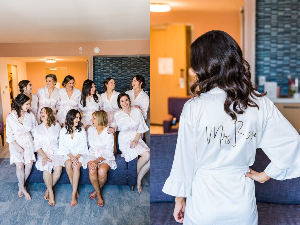 Custom Bridal gown. Bridesmaids in robes.