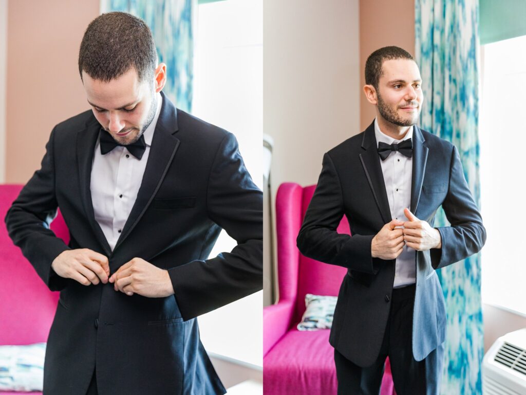 Groom in black tuxedo buttoning button
